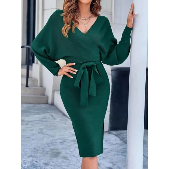 Women's Sweater Dress Wrap Batwing V Neck Slit Bodycon Dress Dark Green